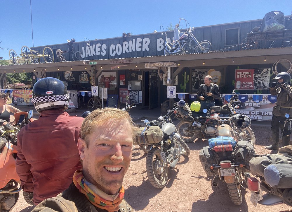 motorcycles stopped at Jake's Corner