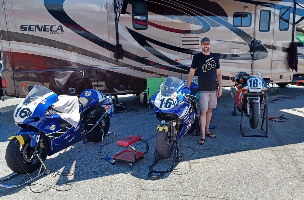 Roger Baker with his three race bikes