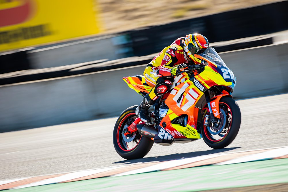 Yoshimura R7 bending time and space exiting Turn 11 at Laguna. 