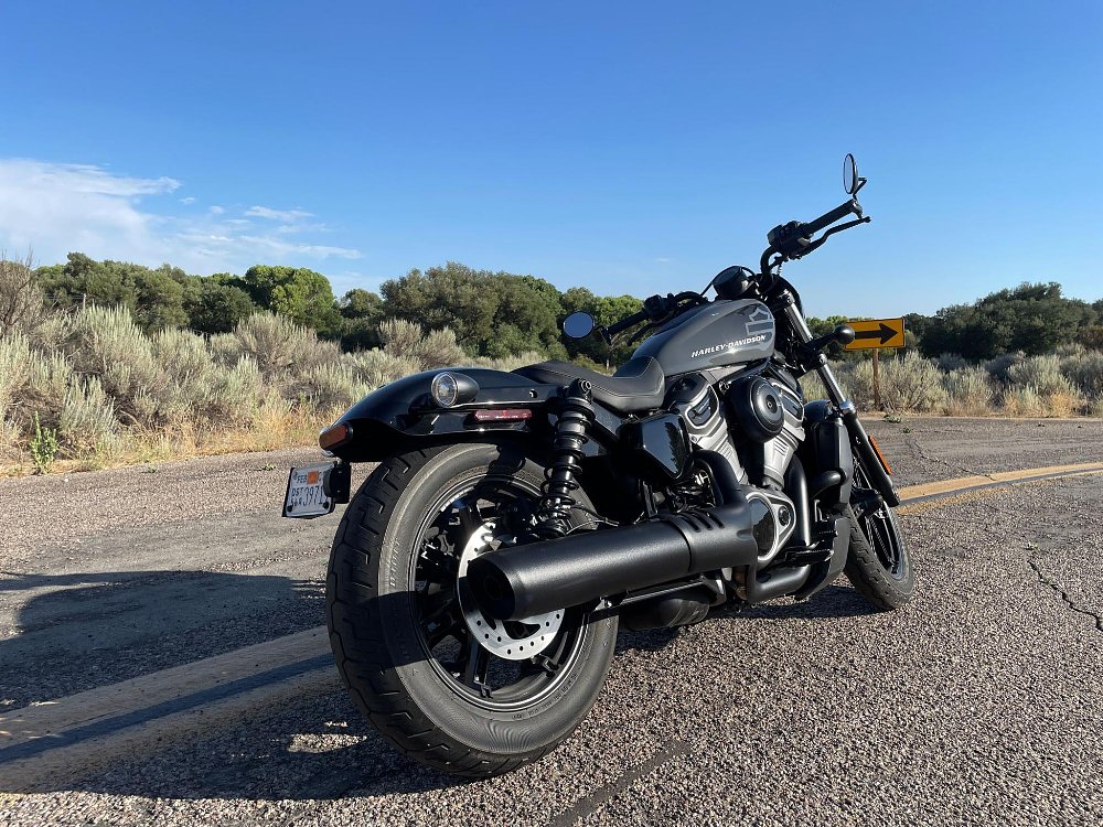 A rear view of the H-D Nightster and exhaust system