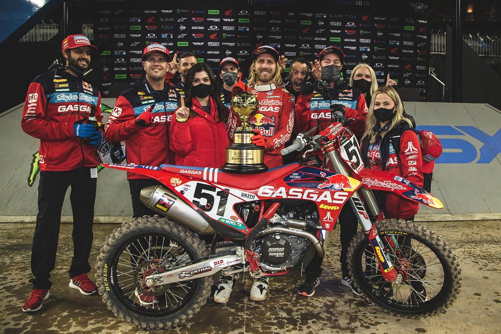 Racer Justin Barcia on the winner podium at Houston Supercross on his GasGas 450 dirtbike