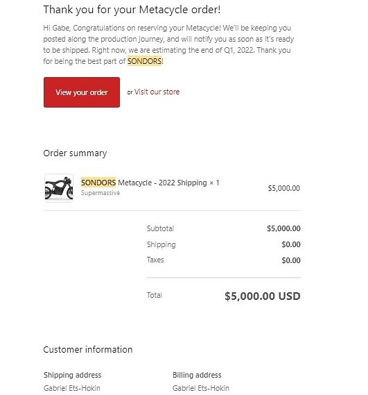 receipt for $5,000 deposit on a Sondors Metacycle