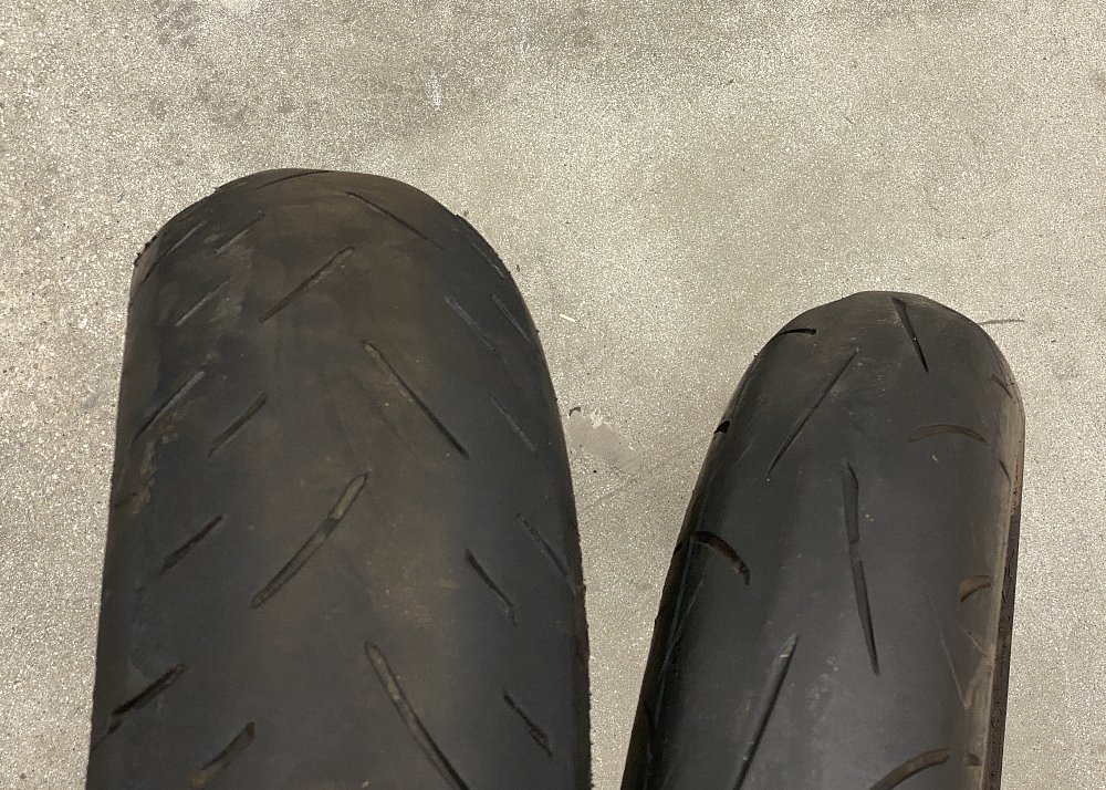 Worn motorcycle tires. 