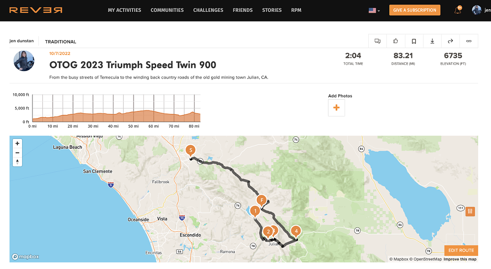 A map illustration of the route ridden on the Triumph Speed Twin 900 in the REVER app.