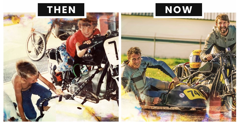 Two kids playing on a sidecar at left, the two men as adults on the same sidecar at right.