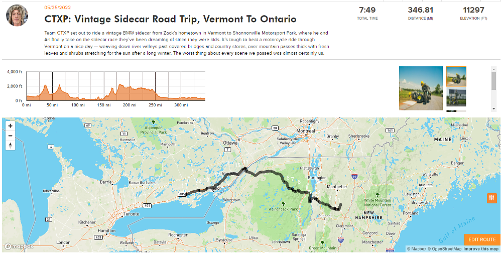 REVER map track of the sidecar journey across the Northeastern United States.