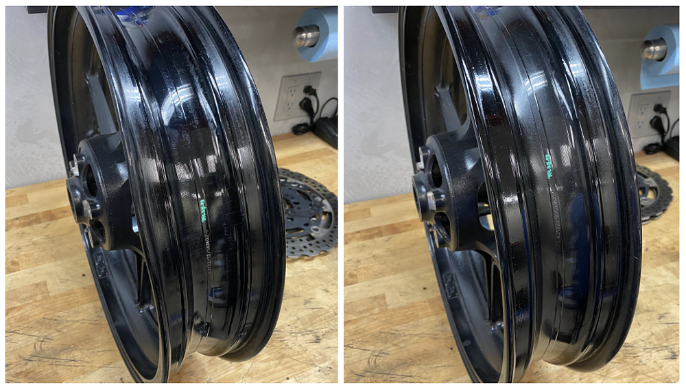 Before and after of dented motorcycle wheel repair. 