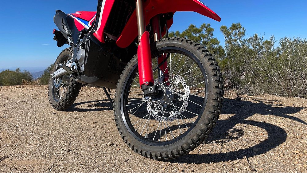 A close up view of the Honda CRF300L rally front tire