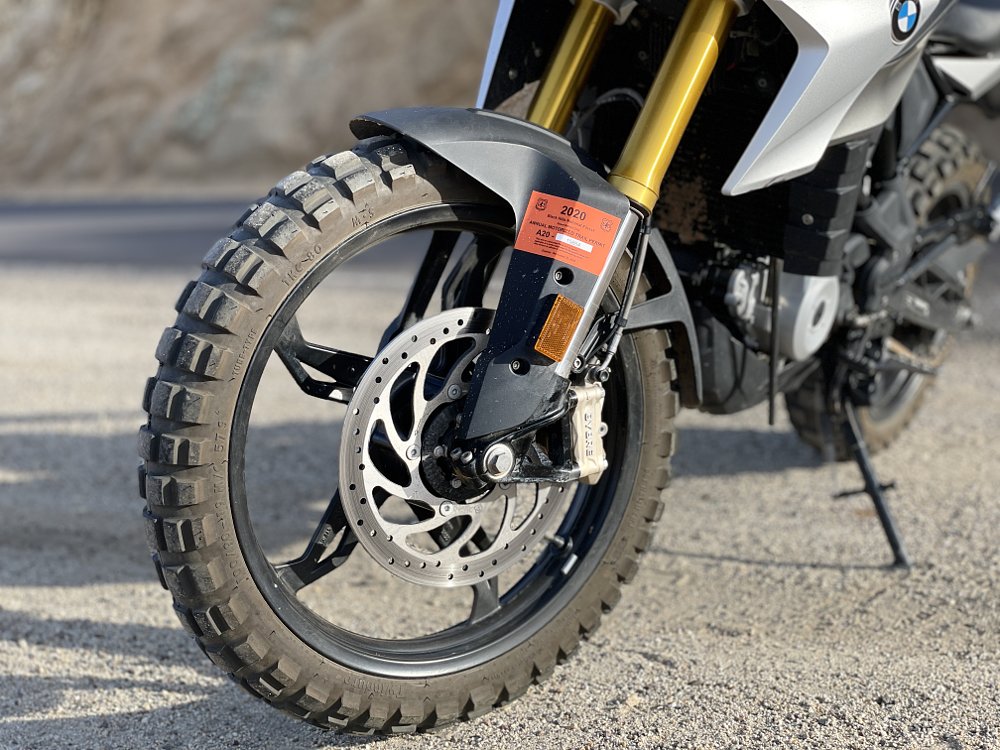 a close up view of the BMW G 310 GS front tire