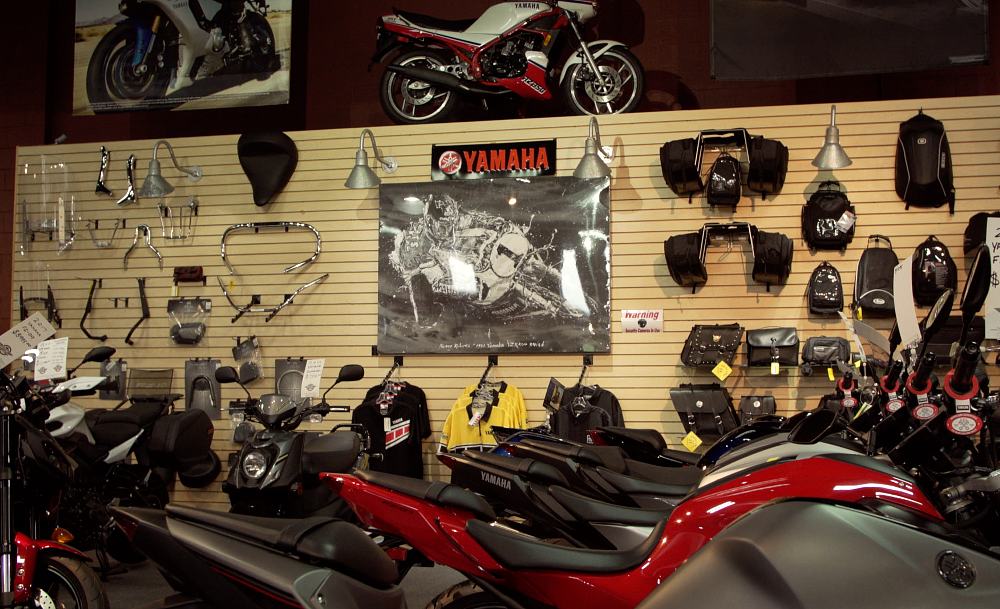 merchandise and motorcycles in a dealership