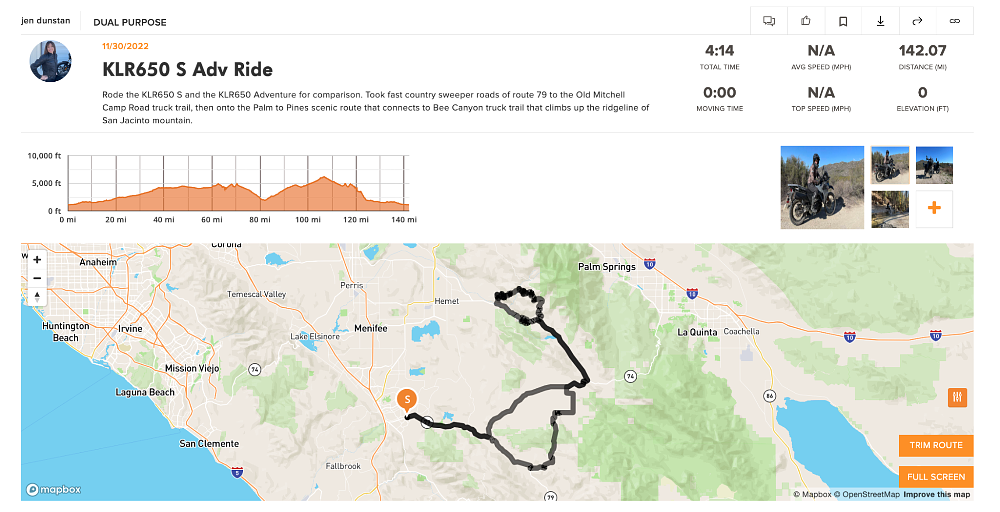 An illustration of the REVER map that details the route ridden on the KLR650 S