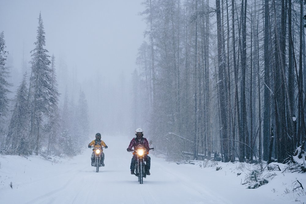 Motorcycles and snow in Medicine Bow National Forest. 
