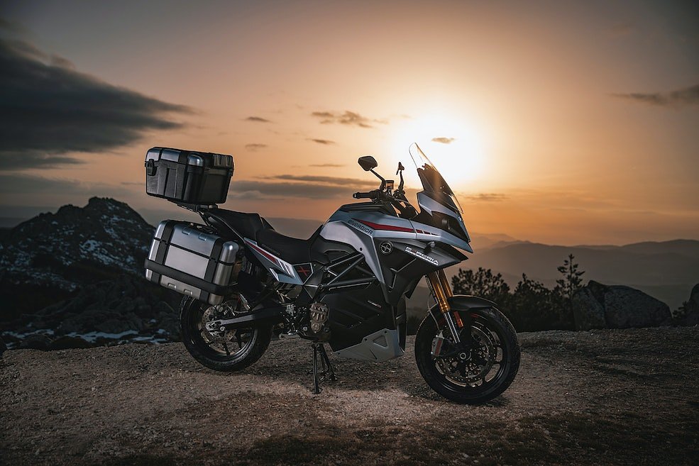 A beauty sunset shot of the Energica Experia full size electric adventure motorcycle
