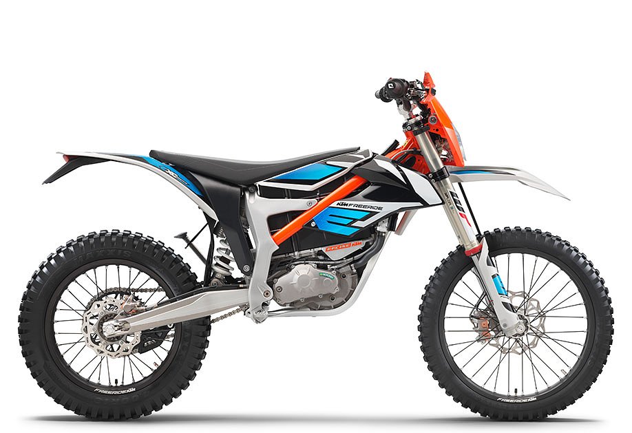 a studio side shot of the KTM Freeride EX-C electric dirtbike