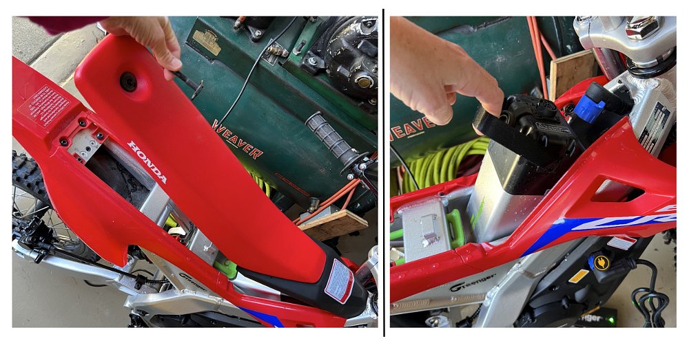 Removing the seat and battery on a Honda CRF-E2 mini dirt bike.