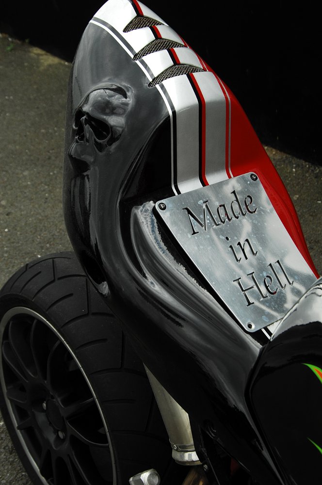 made in hell written on motorcycle seat