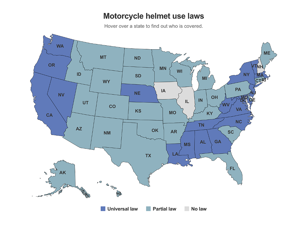 a map of the different state helmet laws in the united states