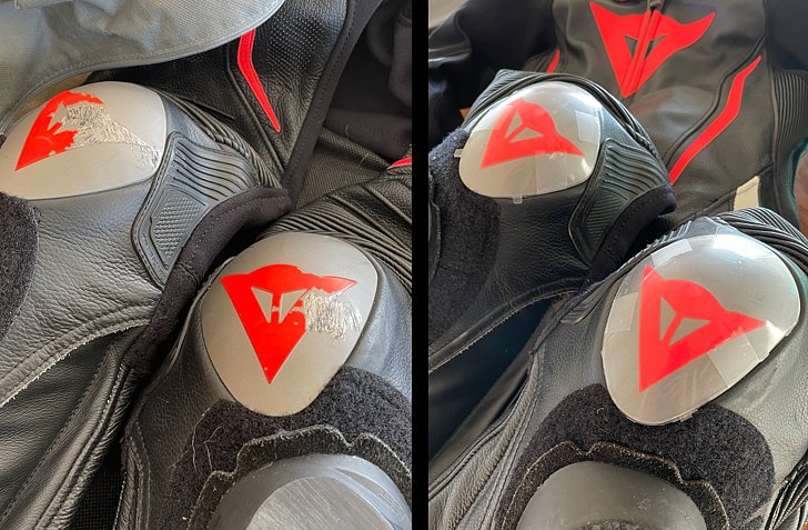 a close up of metal knee sliders before and after