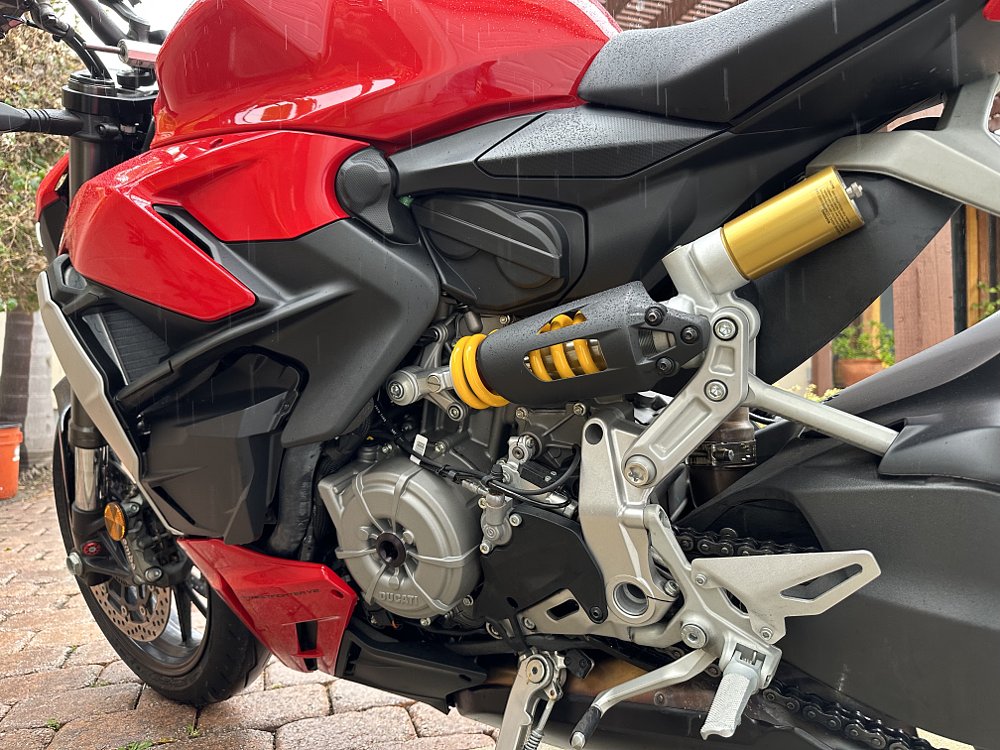 2023 Ducati Streetfighter V2 left side rear suspension detail.