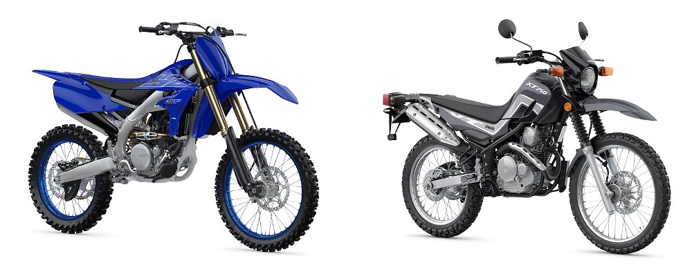 Studio photos of a YZF250F mx bike and a XT250 dual-sport