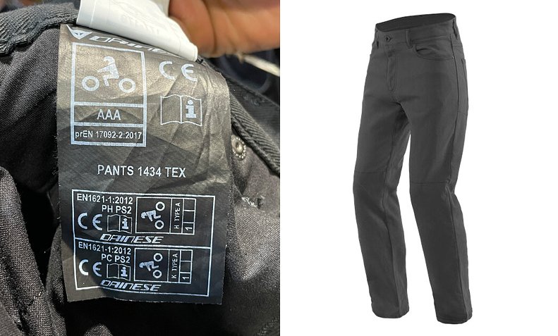 a photo of Dainese jeans and CE tag