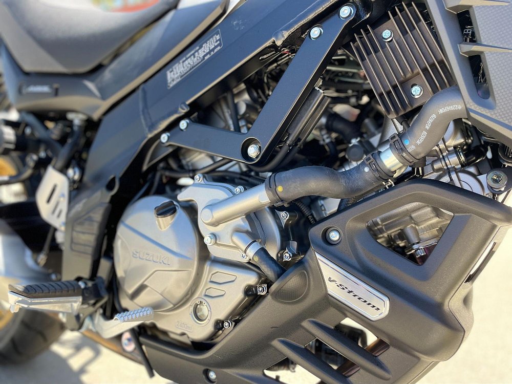 A close up view of the V-Strom V-twin engine