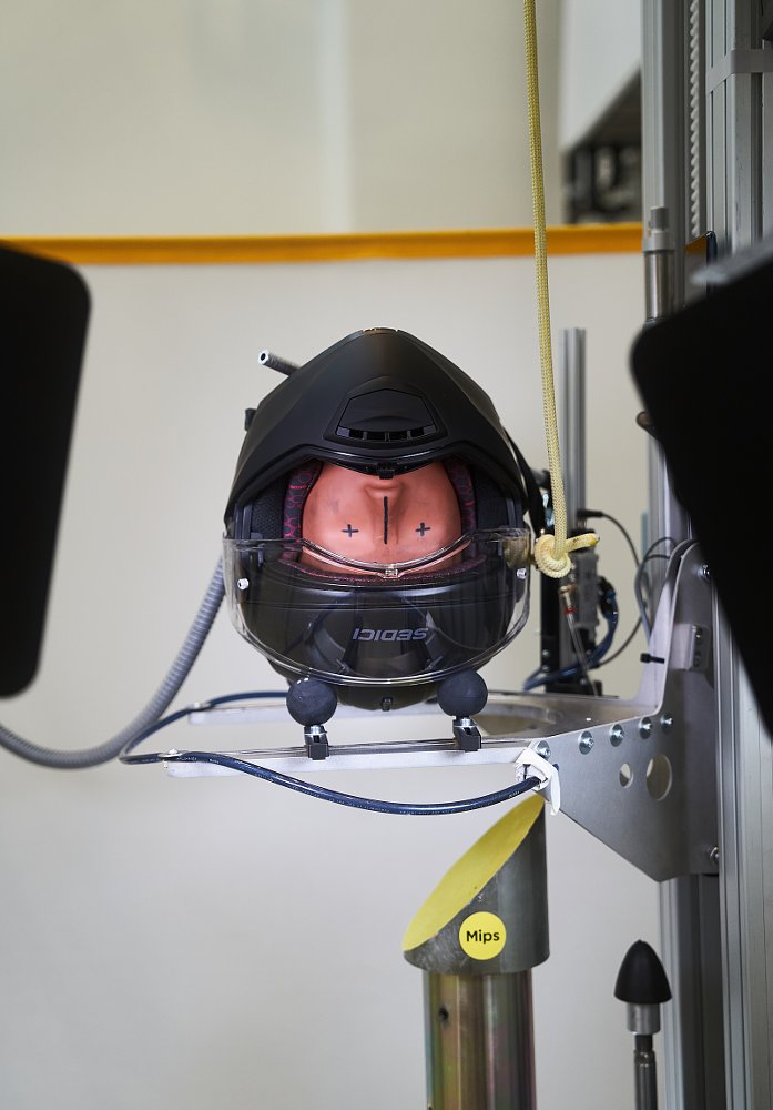 helmet on a MIPS testing rig