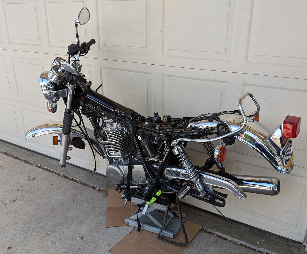 the partially reassembled motorcycle in progress