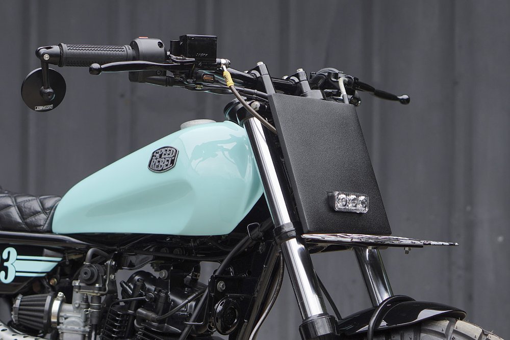 custom LED headlights in a plate fairing