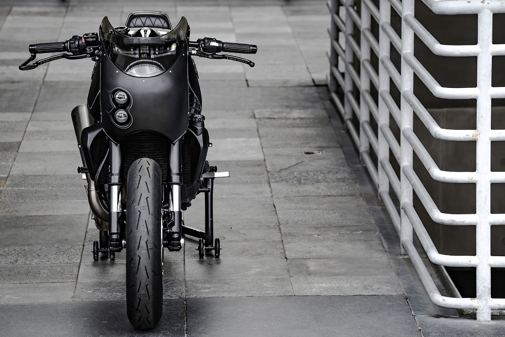 front view of the custom with offset, stacked, dual LED headlights