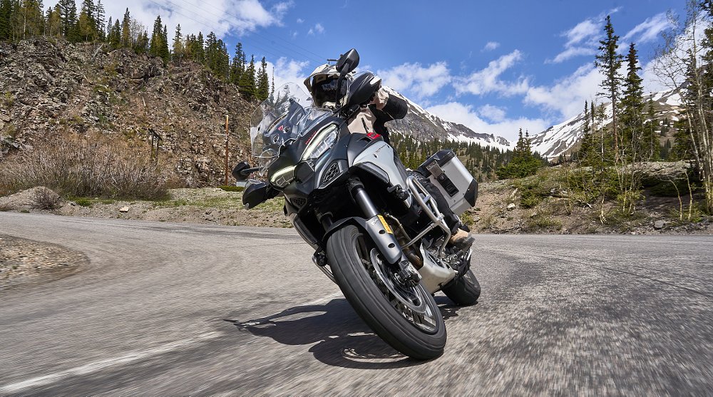 closeup shot of the Multistrada V4 Rally from the front in a curve