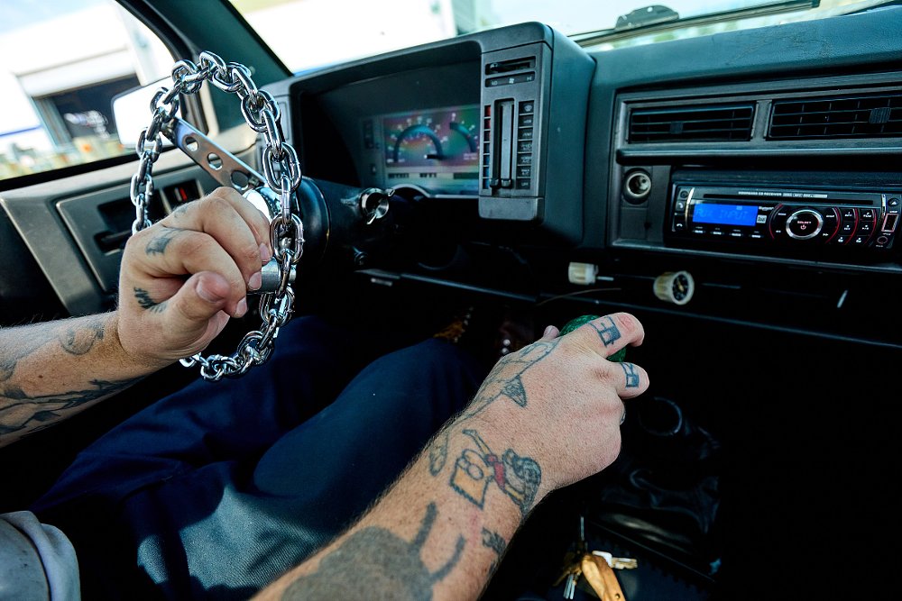 interior view of truck with chain steering wheel