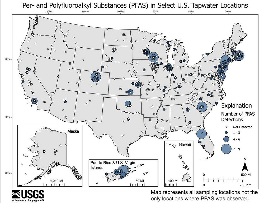 map of locations where water contains PFAS