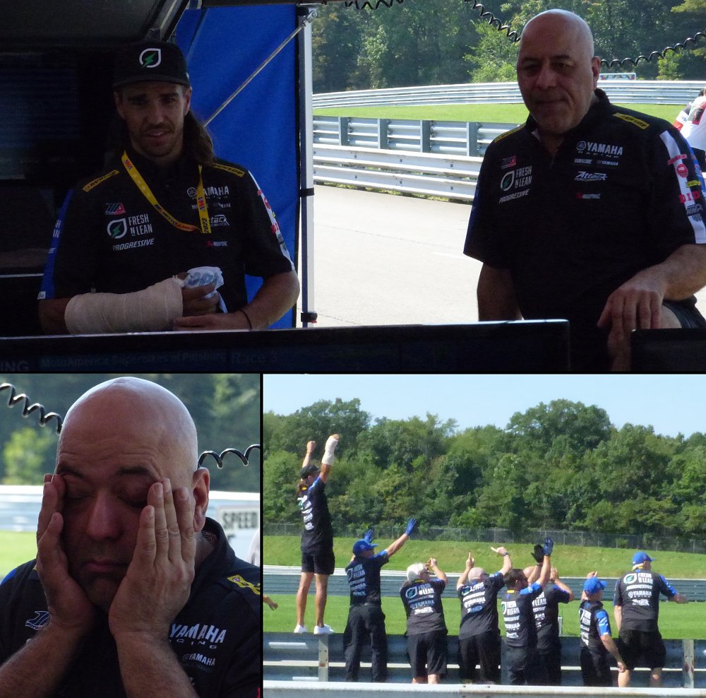 photos of the nervous team in the pits as Gagne races toward the title