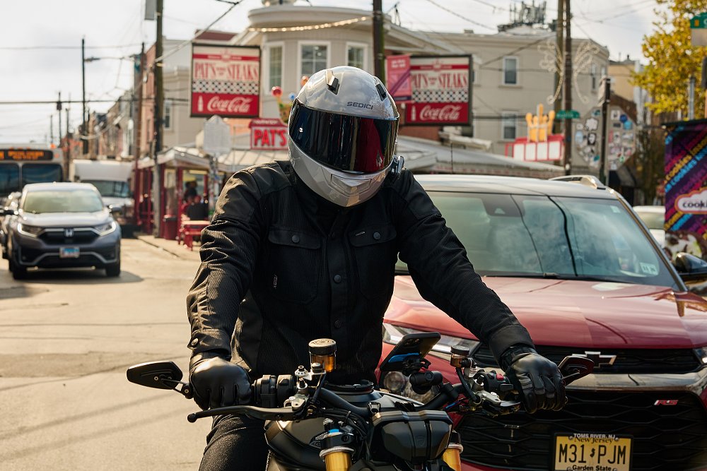 rider on a hot day in the city wearing a mesh jacket