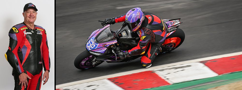 studio photo of Dr. Carl Price and photo of him racing his motorcycle in Twins Cup