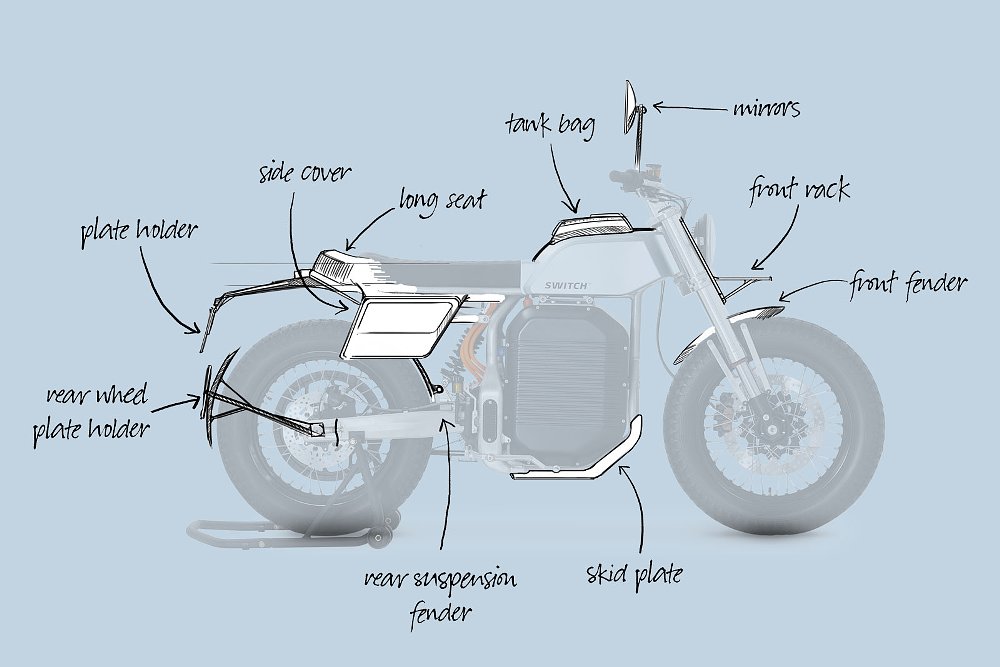 illustration showing features on the Switch Motorcycles eScrambler