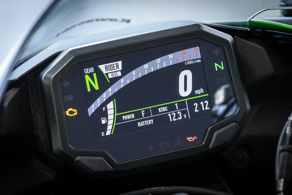 A close up view of the 2024 Kawasaki ninja zx-6r TFT dash