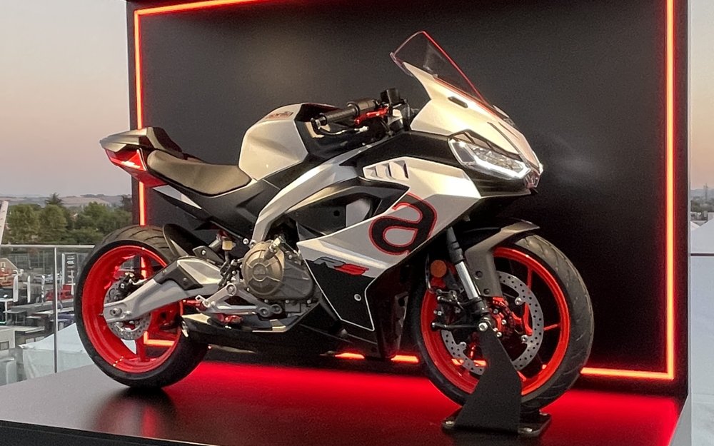 white version of the Aprilia RS 457 on the stage at the introduction