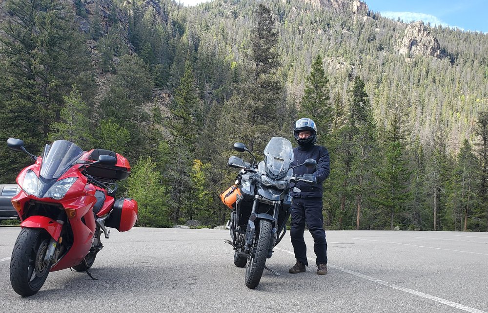 the VFR and the Tiger parked in front of Colorado mountains