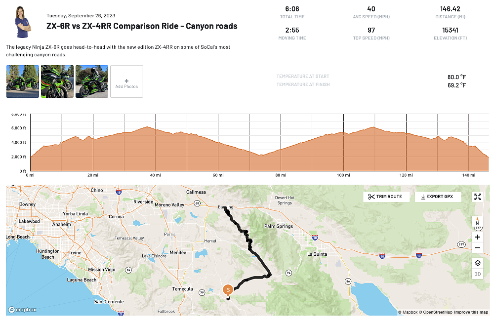 A map illustration of the canyon roads ridden in San Diego county on both Ninja motorcycles