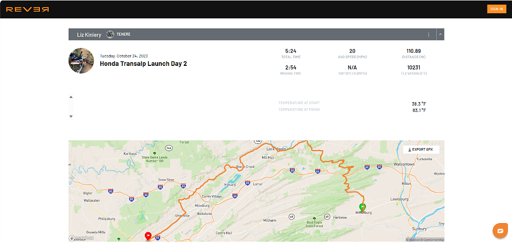 REVER map of day two of the ride