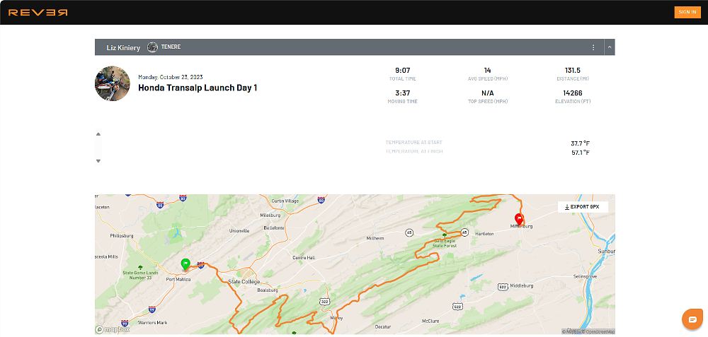REVER map of day one of the ride