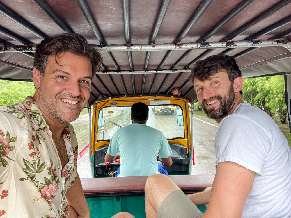 Selfie of Spurgeon and Zack in an auto-rickshaw in Delhi, India.