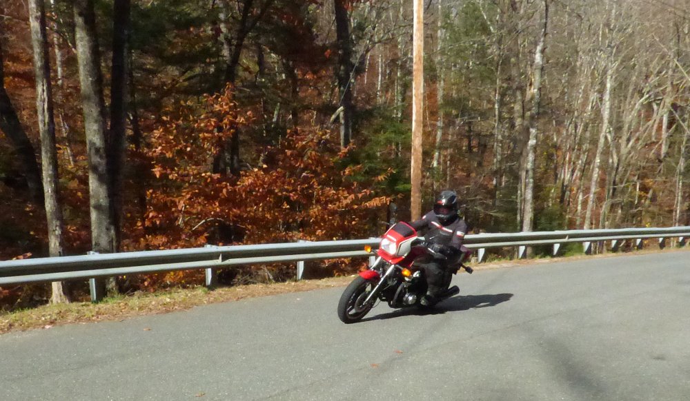 riding the Honda CB1100F on a back road under fall leaves