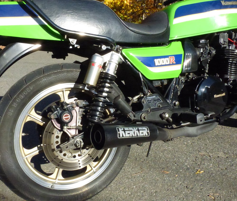rear shocks, rear wheel, exhaust on the KZ1000R