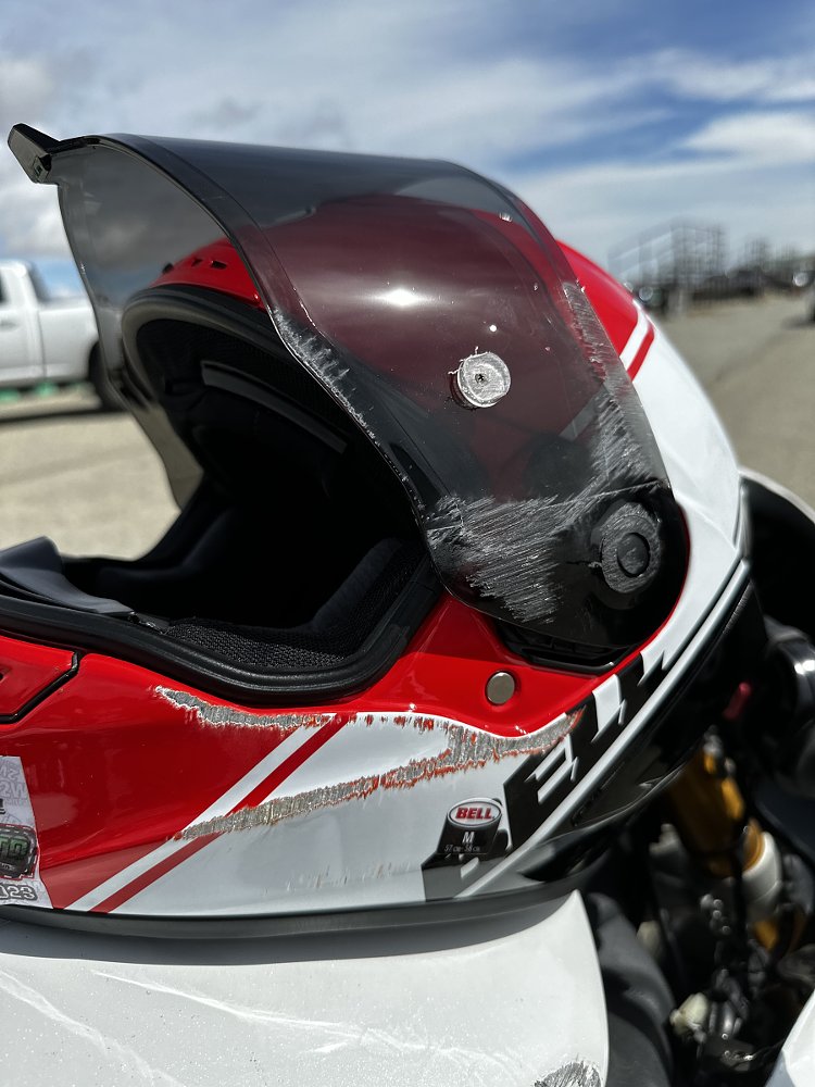 Dustin's damaged helmet