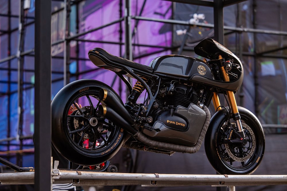 a custom motorcycle on display