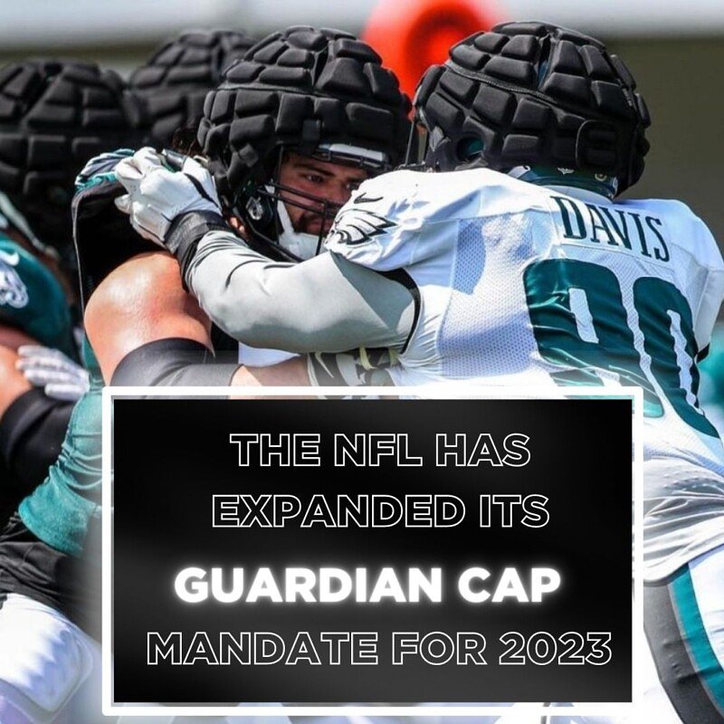 NFL players wearing padded Guardian caps over their traditional hard helmets in practice