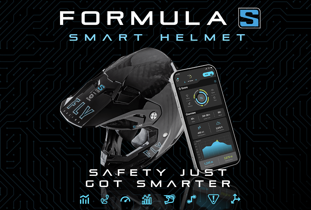 Composite image showing Fly Racing smart helmet along with app on phone and analytics graphics
